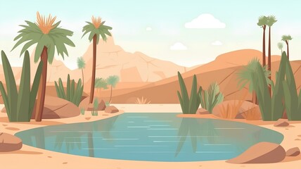 Fototapeta na wymiar Desert landscape with palm trees and pond, vector cartoon illustration.