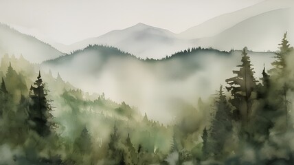 Watercolor mountain landscape with coniferous forest. Digital painting.