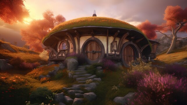 3d render of a fantasy house in the meadow with flowers