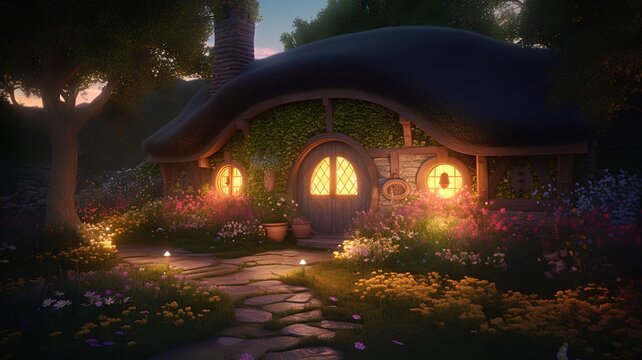 3D render of a fairy house in the forest at night.