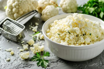 Raw cauliflower rice or couscous with dill in white bowl, healthy low carbohydrates vegetable side dish for keto diet and healthy low calories nutrition on white marble background - obrazy, fototapety, plakaty