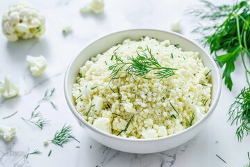 Raw cauliflower rice or couscous with dill in white bowl, healthy low carbohydrates vegetable side dish for keto diet and healthy low calories nutrition on white marble background