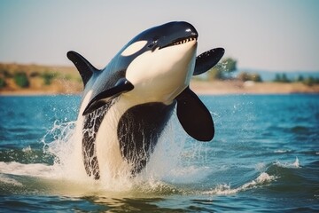 Fototapeta premium Orca whale jumping, global warming endangering marine life, world oceans day concept