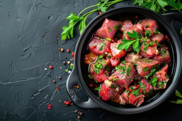 Raw uncooked chopped pieces of meat marinated with seasonings and parsley in black casserole dish top view on dark rustic background. 