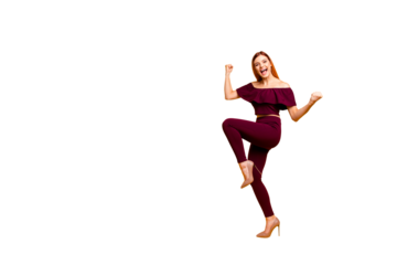 Full body size length view photo portrait of funky comic cool nice glad cheerful joyful carefree girl wearing burgundy suit running going moving lady raising fists up isolated bright background