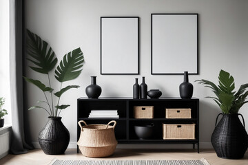 Modern scandinavian living room interior with black mock up poster frame, design commode, leaf in vase, black rattan basket, books and elegant accessories - Mockup - obrazy, fototapety, plakaty