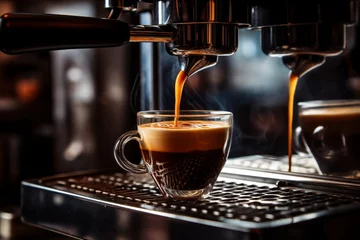 Foto op Plexiglas Pouring freshly brewed coffee into espresso machine for caffeine boost and warm beverage preparation © Mari