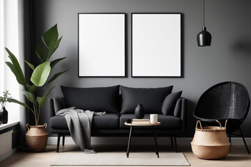 Modern scandinavian living room interior with black mock up poster frame, design commode, leaf in vase, black rattan basket, books and elegant accessories - Mockup