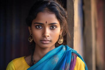 
Photo of a young Dalit woman in her early 20s, her attire modest but colorful, reflecting the vibrant spirit despite the challenges faced by women in the Dalit community. Her expression is one of det - obrazy, fototapety, plakaty