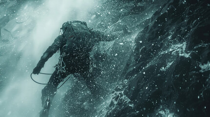 A man in a protective wet suit scaling a steep mountain surface, showcasing determination and...