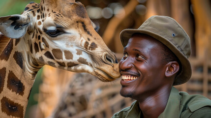 African man wearing a hat is leaning down to kiss a standing giraffe on the head