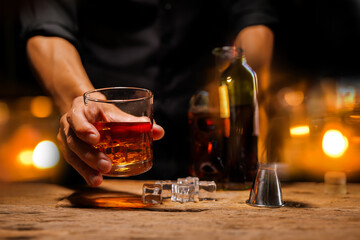 Bartender Serve Whiskey, on wood bar, 