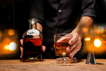 Bartender Serve Whiskey, on wood bar, 