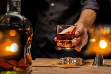 Bartender Serve Whiskey, on wood bar, 