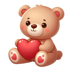 Cute  teddy bear with heart isolated on transparent background. AI