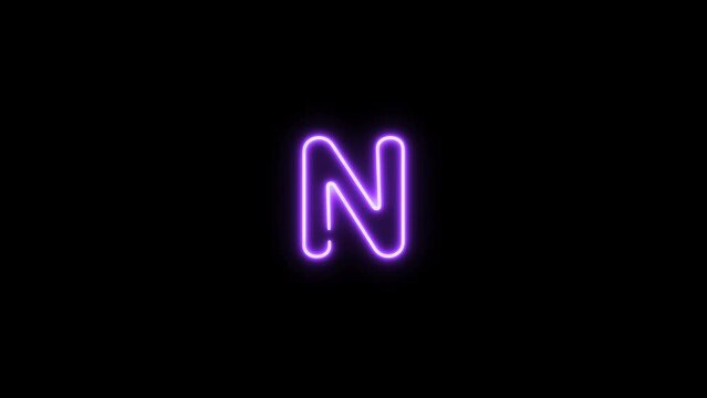 Alphabet N letter neon motion graphic with alpha channel. Purple neon light letters turn on and turn off isolated vector icon animated on transparent background.