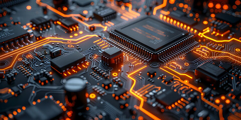 Microscopic components form an elaborate circuitry pattern on the electronic board. - obrazy, fototapety, plakaty