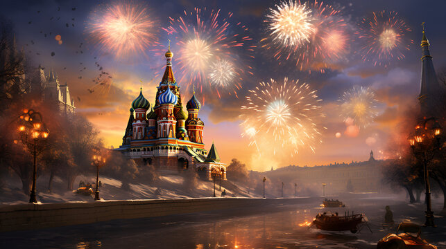 The colorful festive fireworks are bursting, HD, Background Wallpaper, Desktop Wallpaper, Firework in new year on dark background, Fireworks over the Kremlin and the Spas kaya Embankment, Moscow