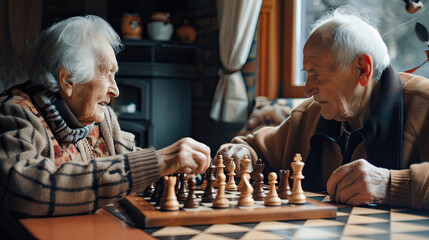 Elderly men engage in a game of chess, focused and strategizing over the board - obrazy, fototapety, plakaty