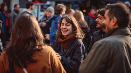 Fototapeta premium Diverse group of individuals standing in a circle, engaging in conversation and interaction with each other