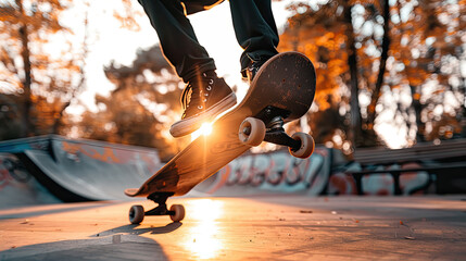 Person actively skateboarding at a skate park, performing tricks and maneuvers on ramps and rails surrounded by other skaters - obrazy, fototapety, plakaty