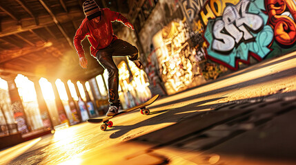 Active man is skateboarding down a colorful graffiti-covered wall in an urban environment