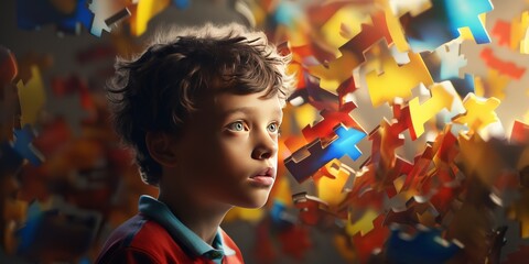 Young Boy on Puzzle Pieces background. World Autism Awareness Day or month concept for April 2. Colorful puzzles, symbol of awareness for autism spectrum disorder. Generative ai