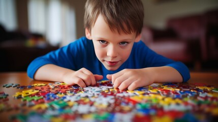 Young Boy Connecting Puzzle Pieces at Home. World Autism Awareness Day or month concept for April 2. Generative ai