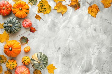 Thanksgiving or fall festive composition with different assorted pumpkins and autumn yellow leaves on light gray background top view.