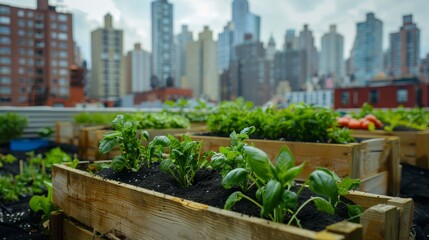 Fototapeta premium Small green space on the rooftop garden. Rooftop farm thriving in city, showcasing sustainable urban agriculture and its potential to disrupt traditional food production systems. Generative ai