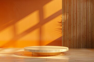 wood Podium stand studio room ,orange background 3d pedestal platform background. Premium clean light scene minimal style floor stage modern mockup base.