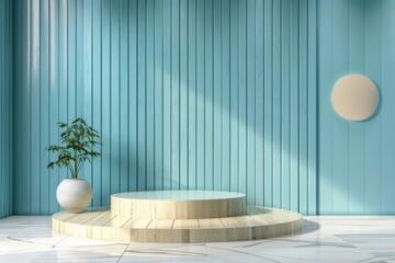 wood Podium stand studio room ,blue pastel background 3d pedestal platform background. Premium clean light scene minimal style floor wooden stage modern mockup base. 