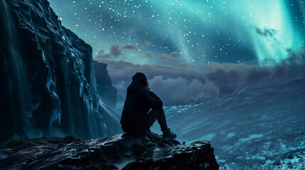 Woman sitting on a cliff and watching the northern lights