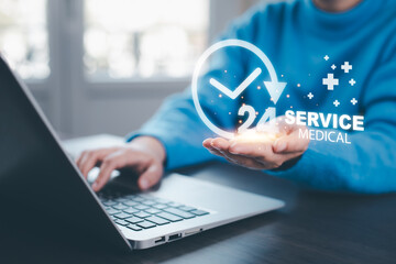 Business people using Smartphone and Medical Service in hospital with Emergency SOS online App concept. Nonstop service treatment service and healthcare medical, health and access healthcare.