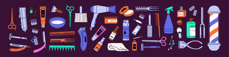 Barbershop equipments set. Hairdressing supplies, tools, products for beard, moustache care, hair cut, shave. Scissors, combs, clipper, razor, trimmer, barber pole. Flat isolated vector illustration