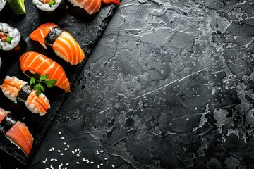 Traditional Japanese sushi top view on dark black rustic slate. Sushi with salmon, tuna and shrimp, space for text, template for Japanese restaurant menu 