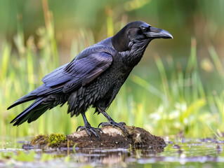 A raven stands by a pond, its reflection in the calm water.