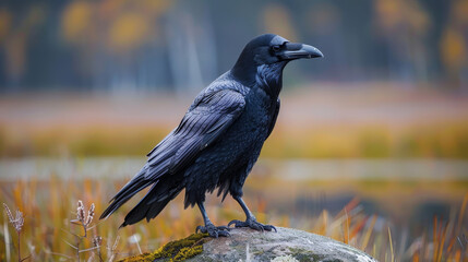 Black raven stands on a rock, scanning surrounding wild nature.