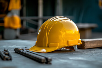 Construction helmet is a symbol of safety in the workplace. Set of tools. Safety concept Selective focus. DIY 
