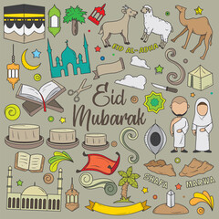 Eid Adha mubarak doodle concept vector illustration. Eid Adha mubarak themes design concept with flat style vector illustration. Suitable for greeting card, poster and banner.	