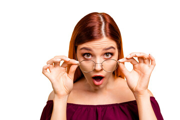 Oh no! What are you doing? Close up photo portrait of attractive pretty clever intelligent shocked...