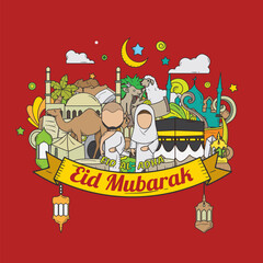 Eid Adha mubarak doodle concept vector illustration. Eid Adha mubarak themes design concept with flat style vector illustration. Suitable for greeting card, poster and banner.	