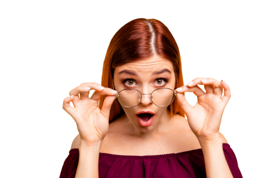 Oh no! What are you doing? Close up photo portrait of attractive pretty clever intelligent shocked geek nerd lady adjusting touching round spectacles isolated on bright background