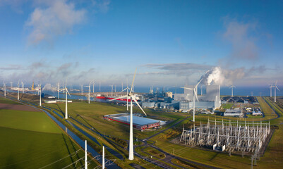 Netherlands, Groningen Province, Eemshaven, Aerial view of solar station, wind farm and gas-fired power station
