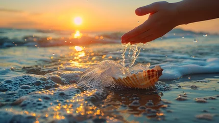 Fotobehang Hand pouring water from shell into ocean with sunrise in background. Concept Nature Photography, Water Element, Sunrise Scenery, Seashell Art, Ocean Landscape © Anastasiia