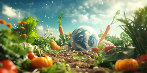 whimsical concept of the Earth nestled among fresh vegetables in a garden, symbolizing organic farming and sustainable living for Earth Day - obrazy, fototapety, plakaty