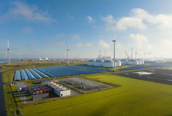 Netherlands, Groningen Province, Eemshaven, Aerial view of solar and wind farms