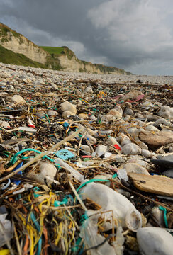 France, Normandy, Beach covered in plastic garbage