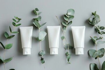 White empty plastic cosmetic tubes staying at gray background with eucalyptus branches, concept of cosmetology, body and skincare, beauty industry.