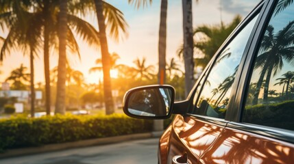 A car side mirror with palm trees in the background